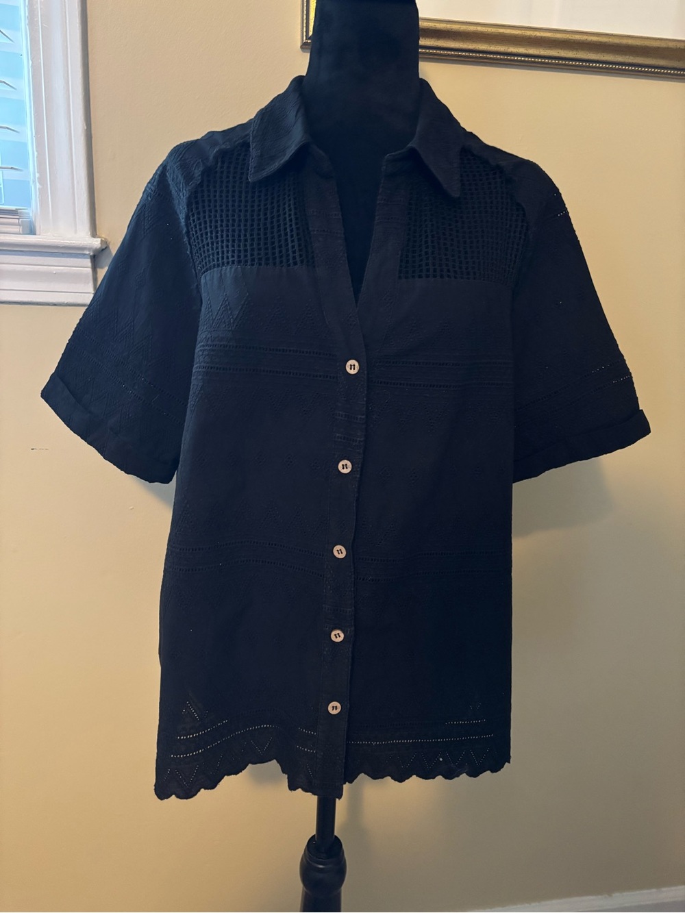 Black Short-Sleeve Button-Down Eyelet Shirt